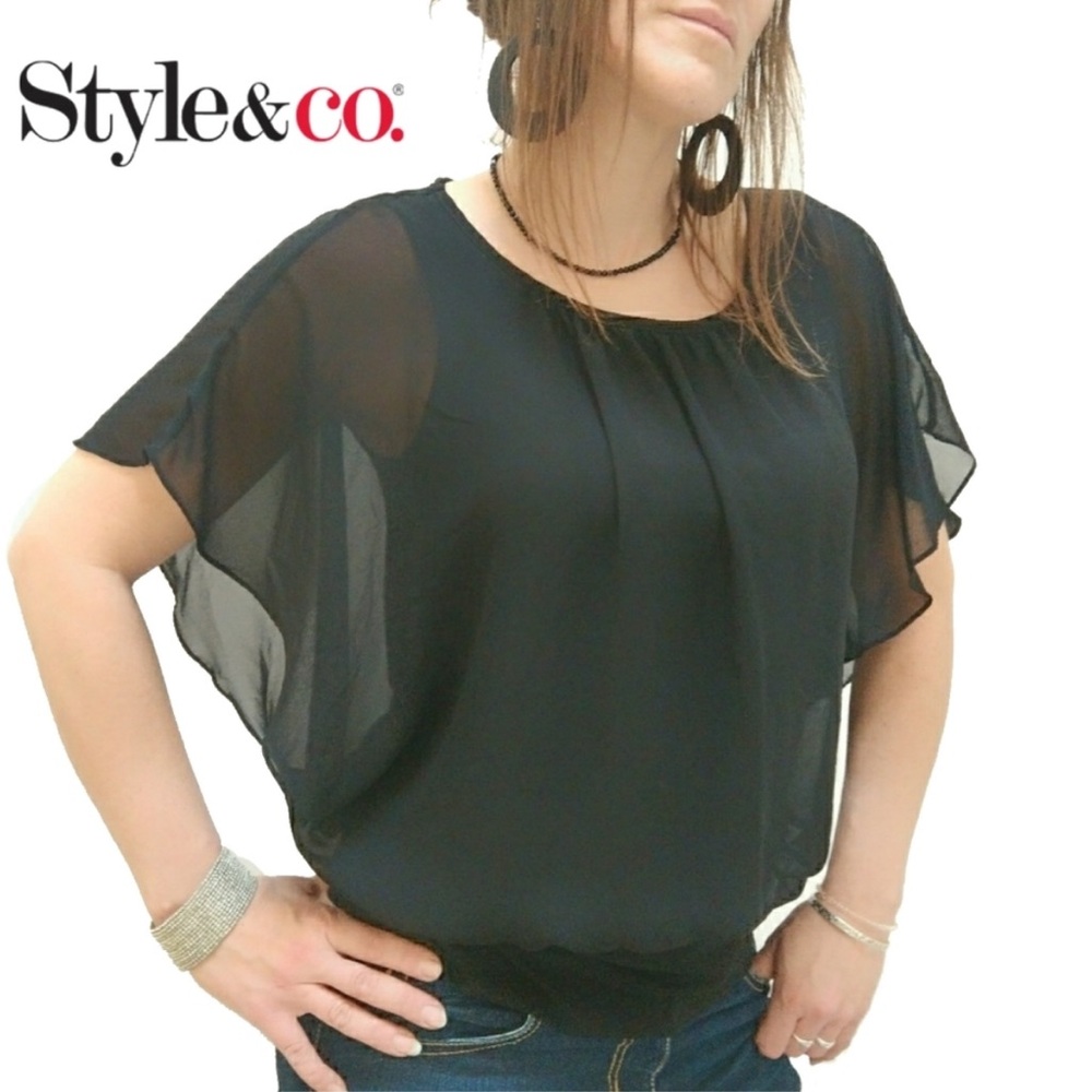 Style & Co. Black Flowy Sheer Overlay Blouse Size XL